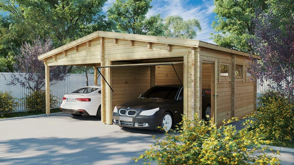 Wooden garage with attached carport