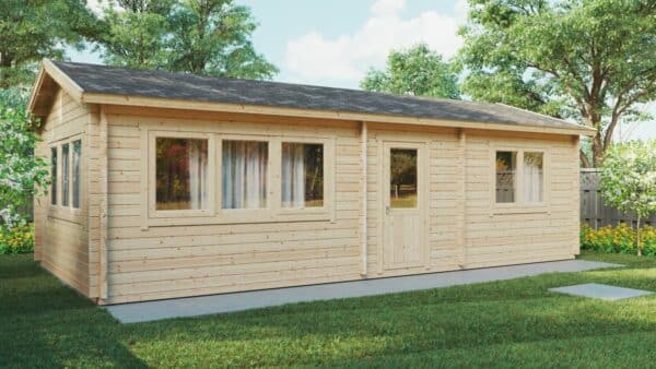 One bedroom log cabin 9x4m, apex roof, 70mm wall thickness, bedroom/loft