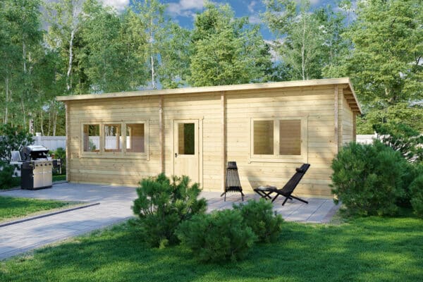 One bedroom log cabin, pent roof, 70mm wall thickness, bedroom/loft