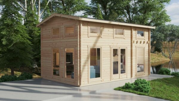 Garden log cabin with sleeping loft 6x4m, apex roof, 70mm wall thickness, bedroom/loft