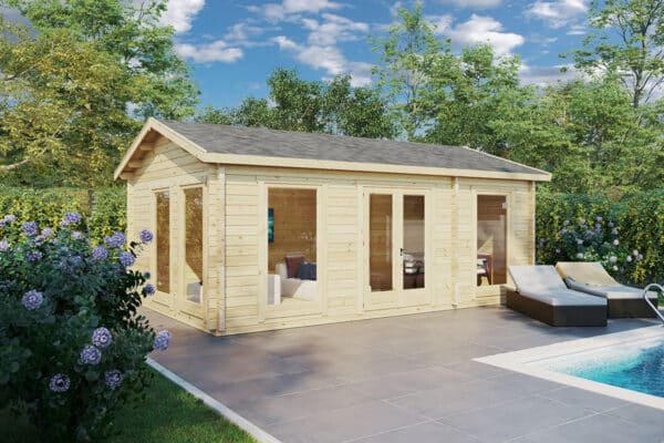 Garden log cabin with shower room 6x4m, apex roof, 70mm wall thickness