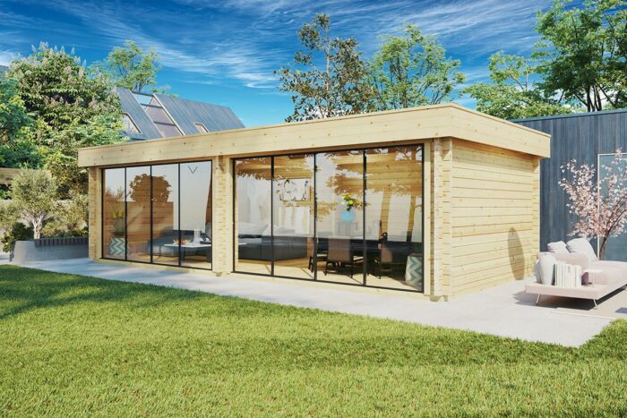 Large modern garden room 9x4m, flat roof, 70mm wall thickness