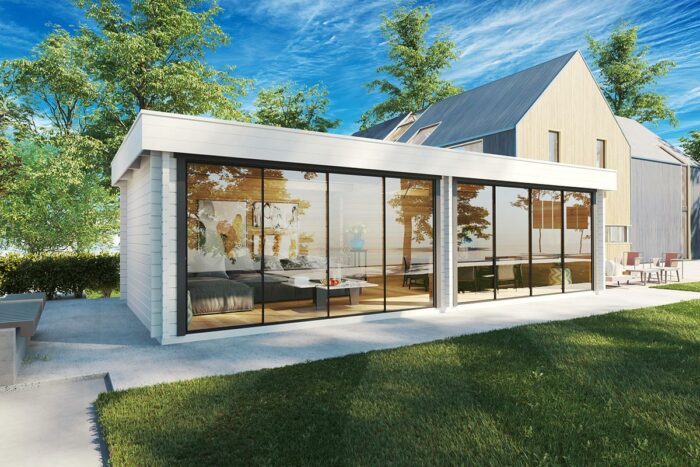 Large modern garden room 9x4m, flat roof, 70mm wall thickness