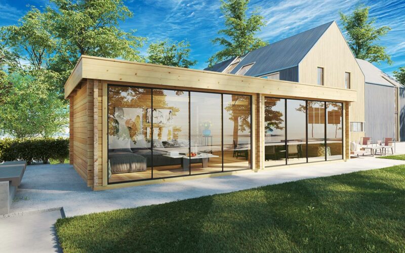 Large modern garden room 9x4m, flat roof, 70mm wall thickness