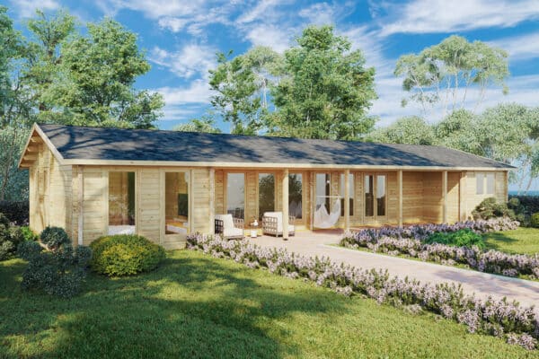 Large three bedroom log cabin 18x7m, apex roof, 92mm wall thickness, bedroom/loft