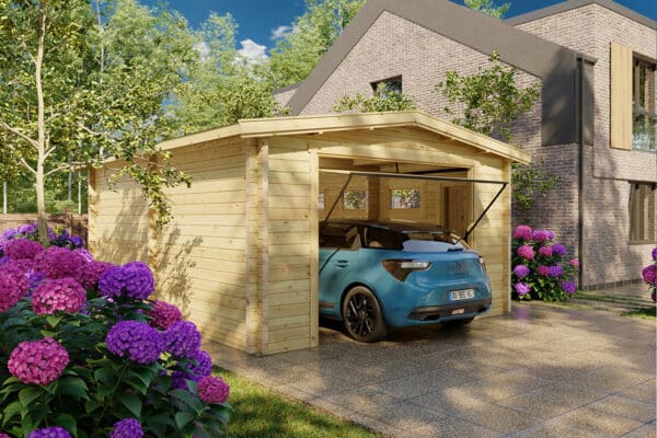 Large timber garage 4x6m, apex roof, 70mm wall thickness