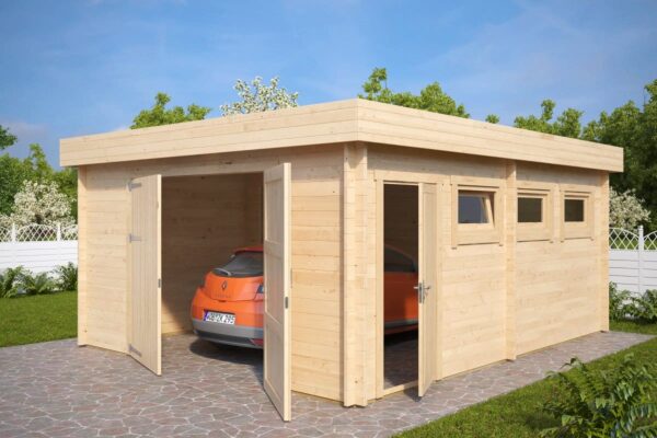 Large wooden garage 4x6m, flat roof, 44mm wall thickness