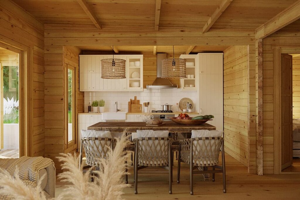Three bedroom log cabin 8x8m, pent roof, 70mm wall thickness, bedroom/loft, with canopy