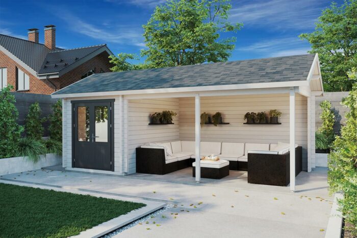 Carport with shed 7x3m, apex roof, 70mm wall thickness, with canopy, with shed
