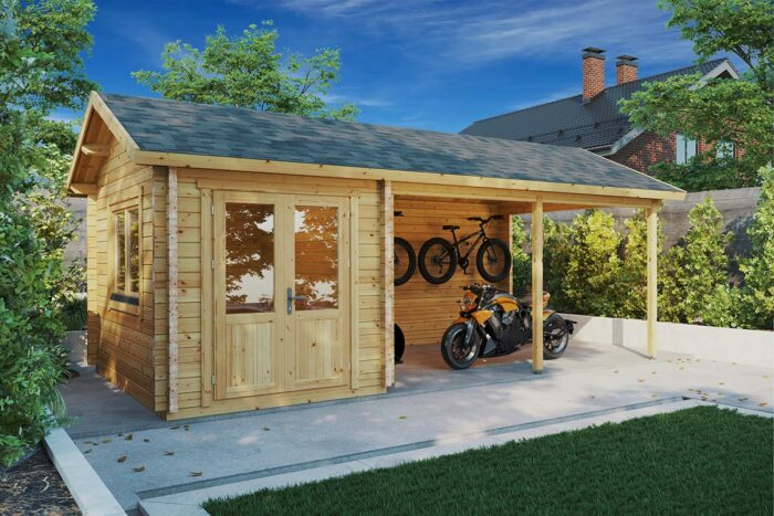 Carport with shed 7x3m, apex roof, 70mm wall thickness, with canopy, with shed