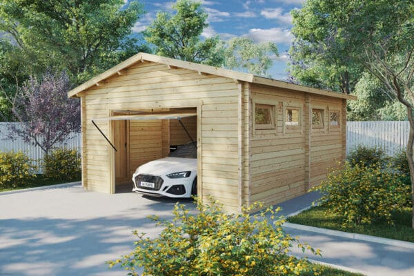 Large timber garage 5x6m, apex roof, 70mm wall thickness