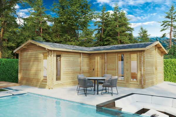 Two bedroom corner log cabin 7x7m, apex roof, 70mm wall thickness, bedroom/loft