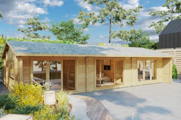 Two bedroom log cabin, apex roof, 70mm wall thickness, bedroom/loft