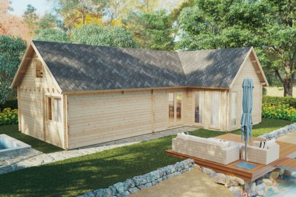 Two bedroom log cabin with sleeping loft 12x7m, apex roof, 92mm wall thickness, bedroom/loft