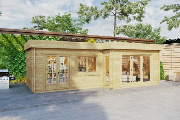 Two room garden house 8x3m, flat roof, 44mm wall thickness