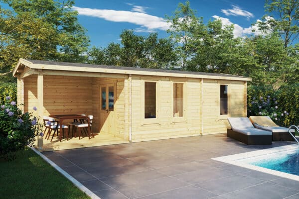 Two room granny annexe 9x3m, apex roof, 70mm wall thickness, bedroom/loft, with canopy, with terrace