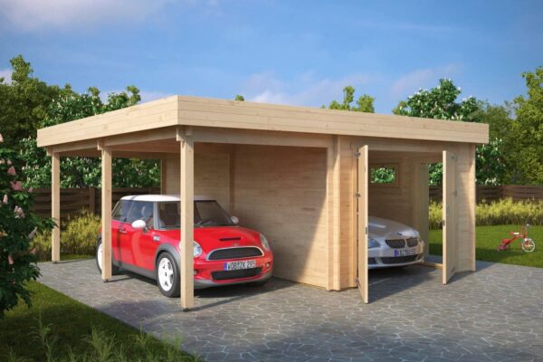 Wooden garage with carport 3x6m, flat roof, 44mm wall thickness, with canopy