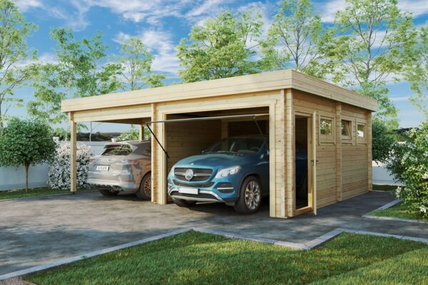 Wooden garage with carport 3x6m, flat roof, 70mm wall thickness, with canopy