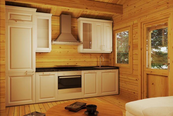Garden house with WC, canopy and side shed - inside view - kitchen