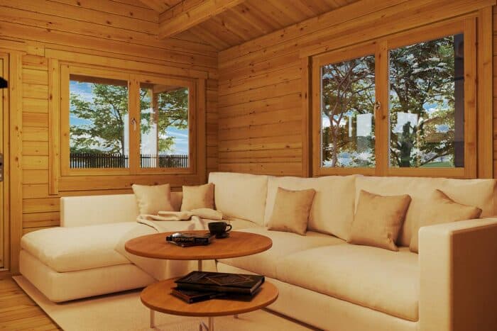 Garden house with WC, canopy and side shed - inside view - living room