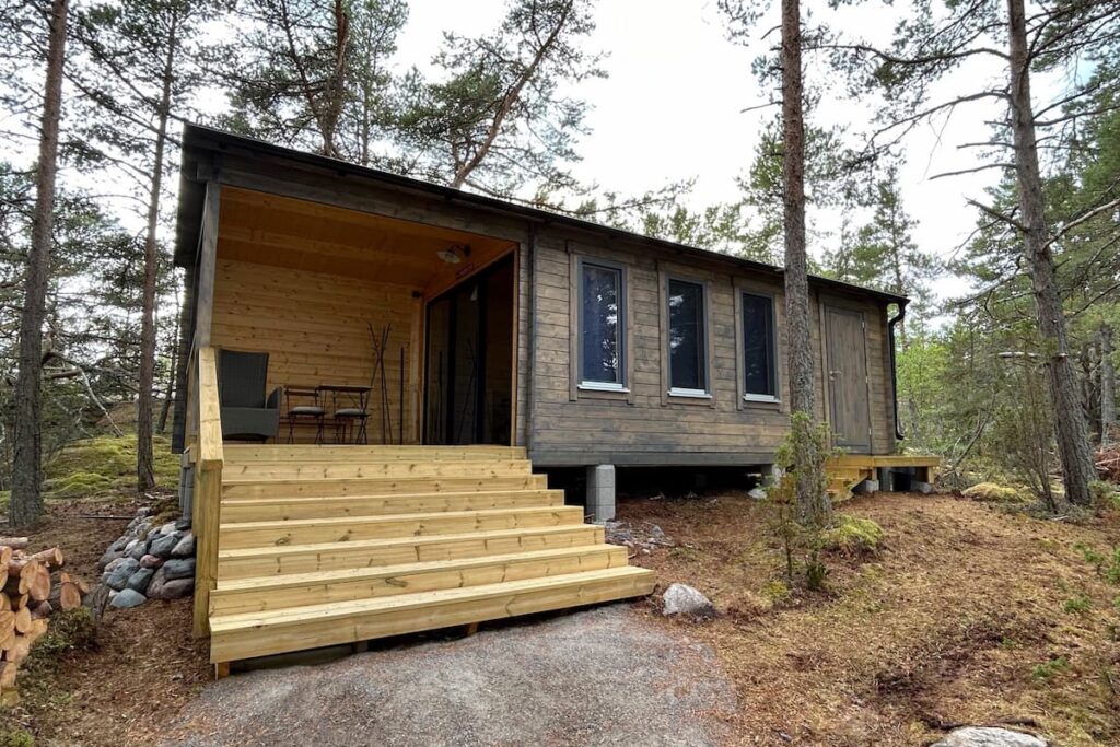 painted log cabin in pine forest