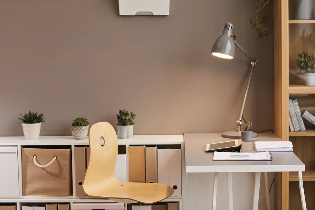garden office interior with lighting