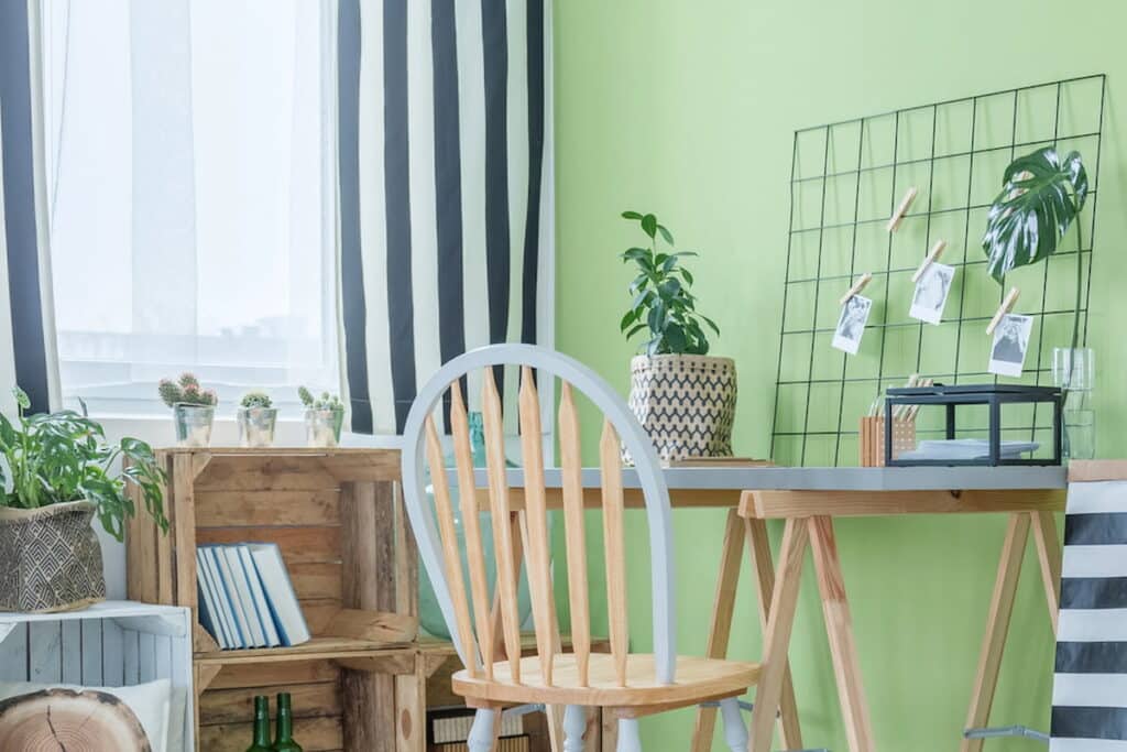 garden office with repurposed furniture