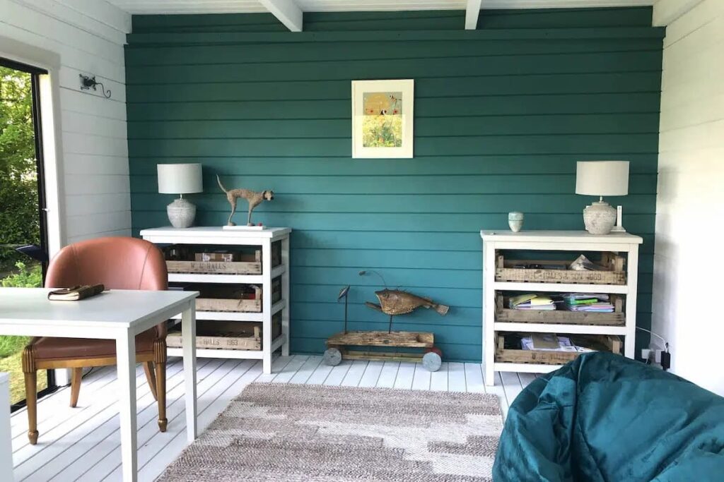 summerhouse interior in blue and white colours