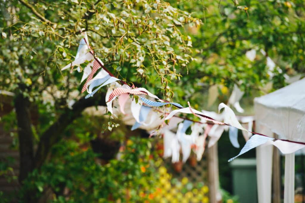 fabric scrap bunting in garden