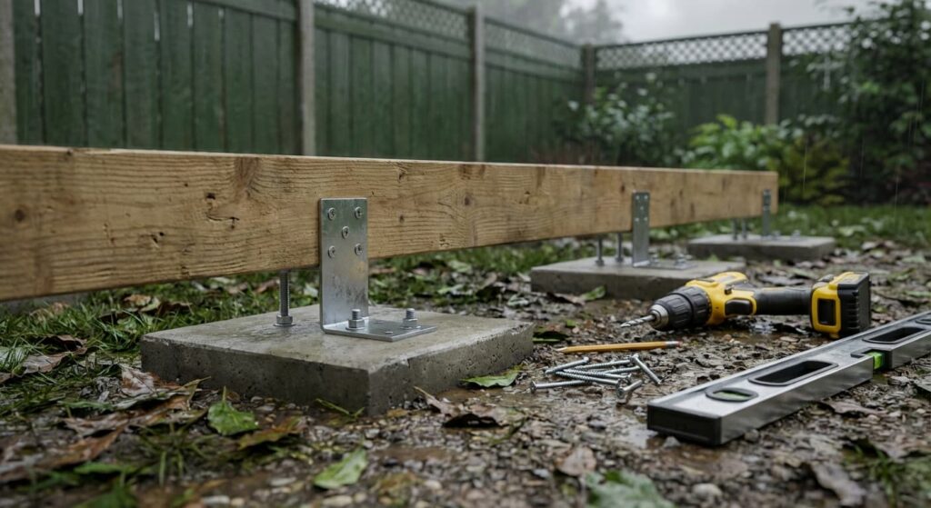 close up of a timber garden shed set on individual concrete ai gen