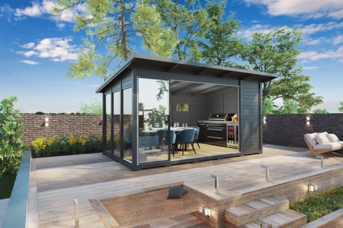 Modern grey garden house with sliding glass doors Modern grey garden room with sliding glass doors