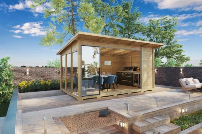 Modern grey garden house with sliding glass doors Modern grey garden room with sliding glass doors