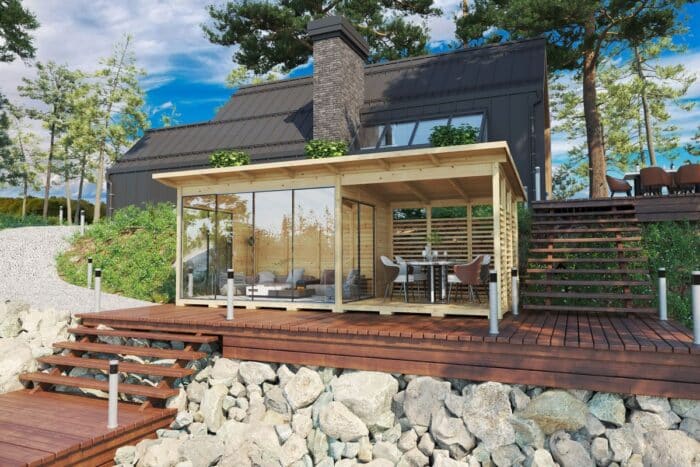 Modern grey garden room with glass wall and veranda