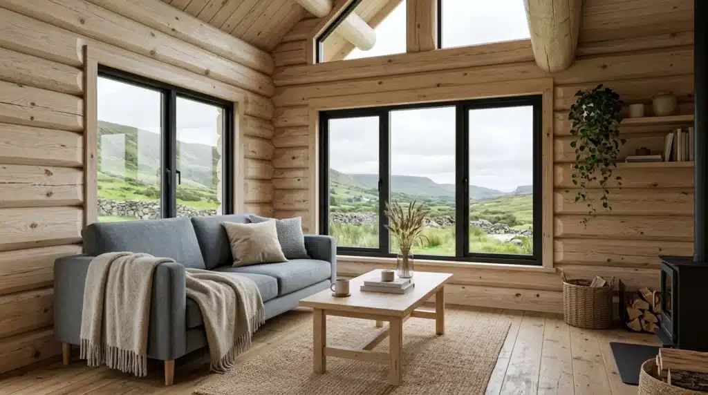 Modern spruce cabin interior