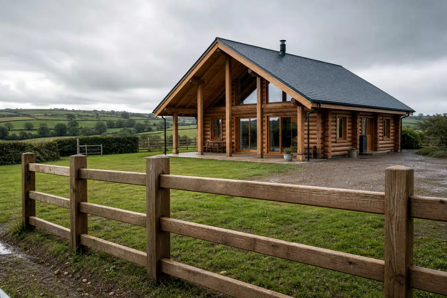 Post-and-rail cabin fence